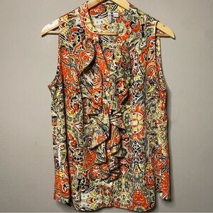 Cato Abstract Sleeveless Blouse Women 14/16W Green Orange Print Ruffle Neckline